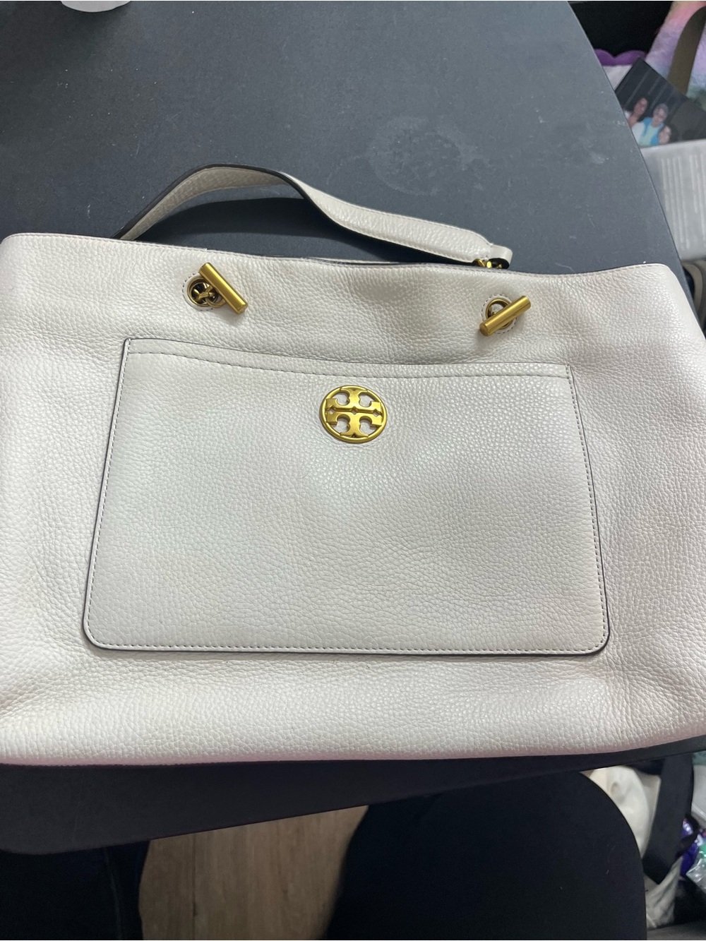Tory Burch White Leather Tote with Gold Logo